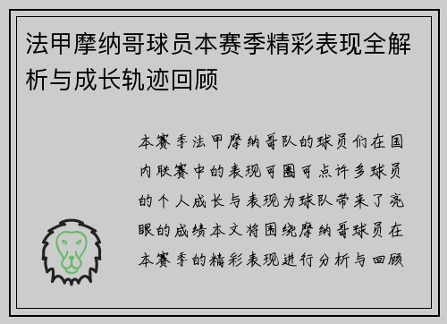 法甲摩纳哥球员本赛季精彩表现全解析与成长轨迹回顾