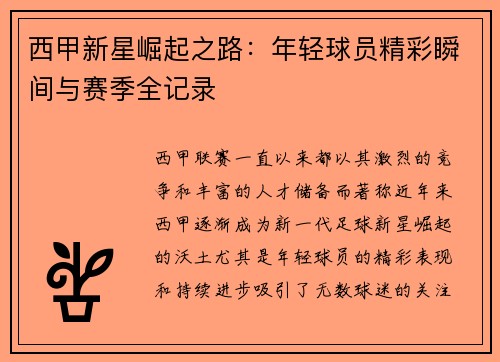 西甲新星崛起之路：年轻球员精彩瞬间与赛季全记录