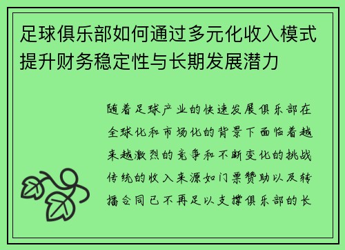 足球俱乐部如何通过多元化收入模式提升财务稳定性与长期发展潜力