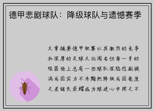 德甲悲剧球队：降级球队与遗憾赛季