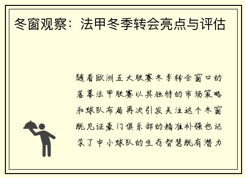 冬窗观察：法甲冬季转会亮点与评估