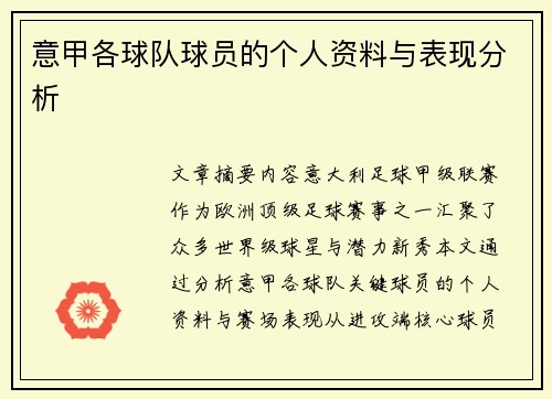 意甲各球队球员的个人资料与表现分析